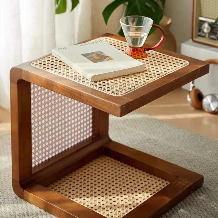 Square Wood and Rattan Side Table