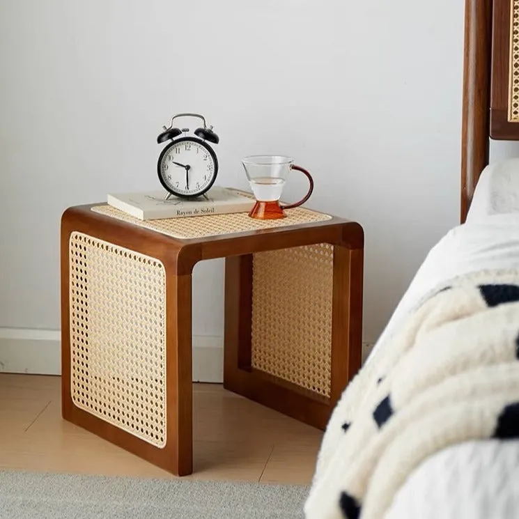 Square Wood and Rattan Side Table