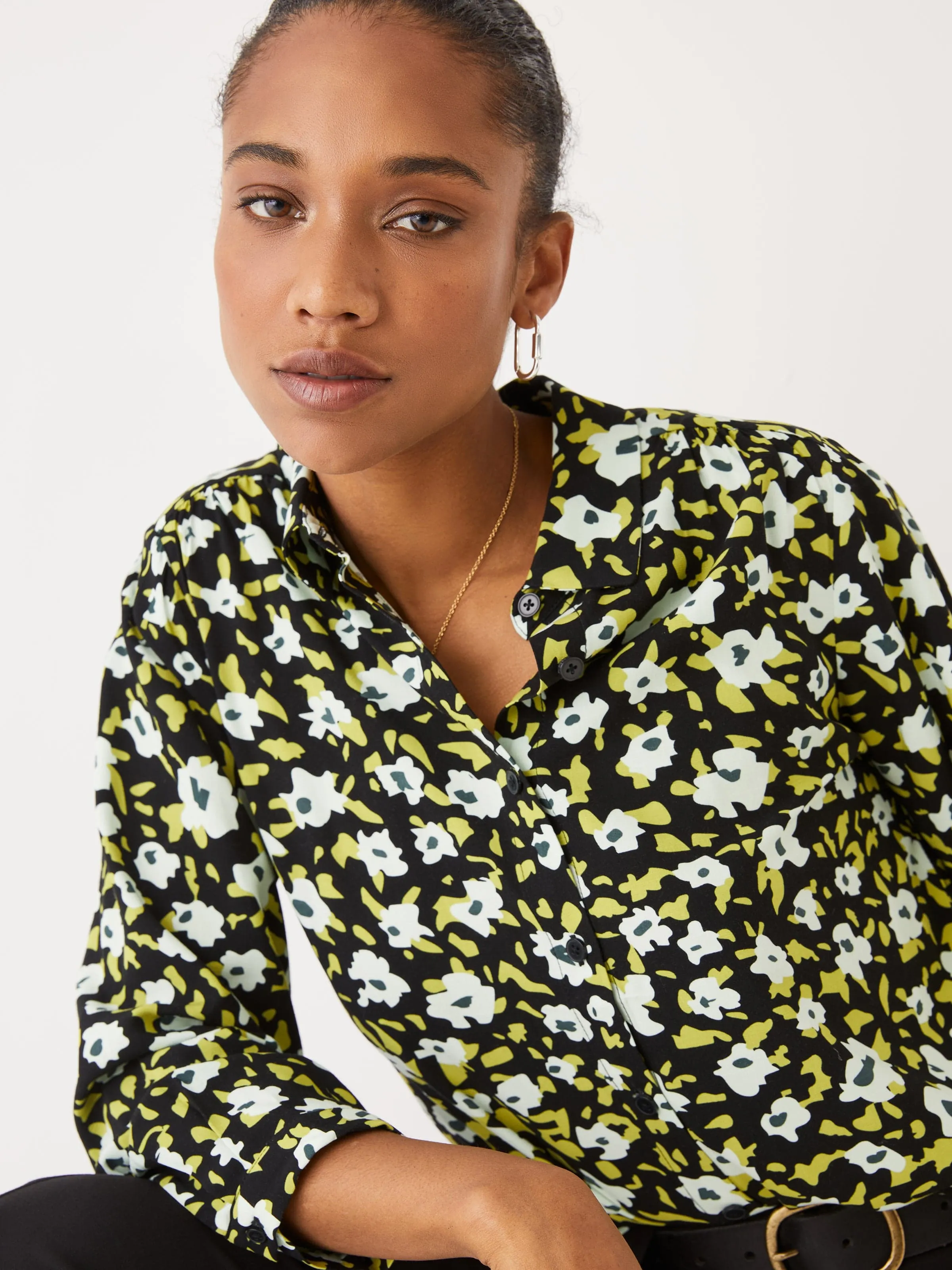 The Printed Shirred Blouse in Black