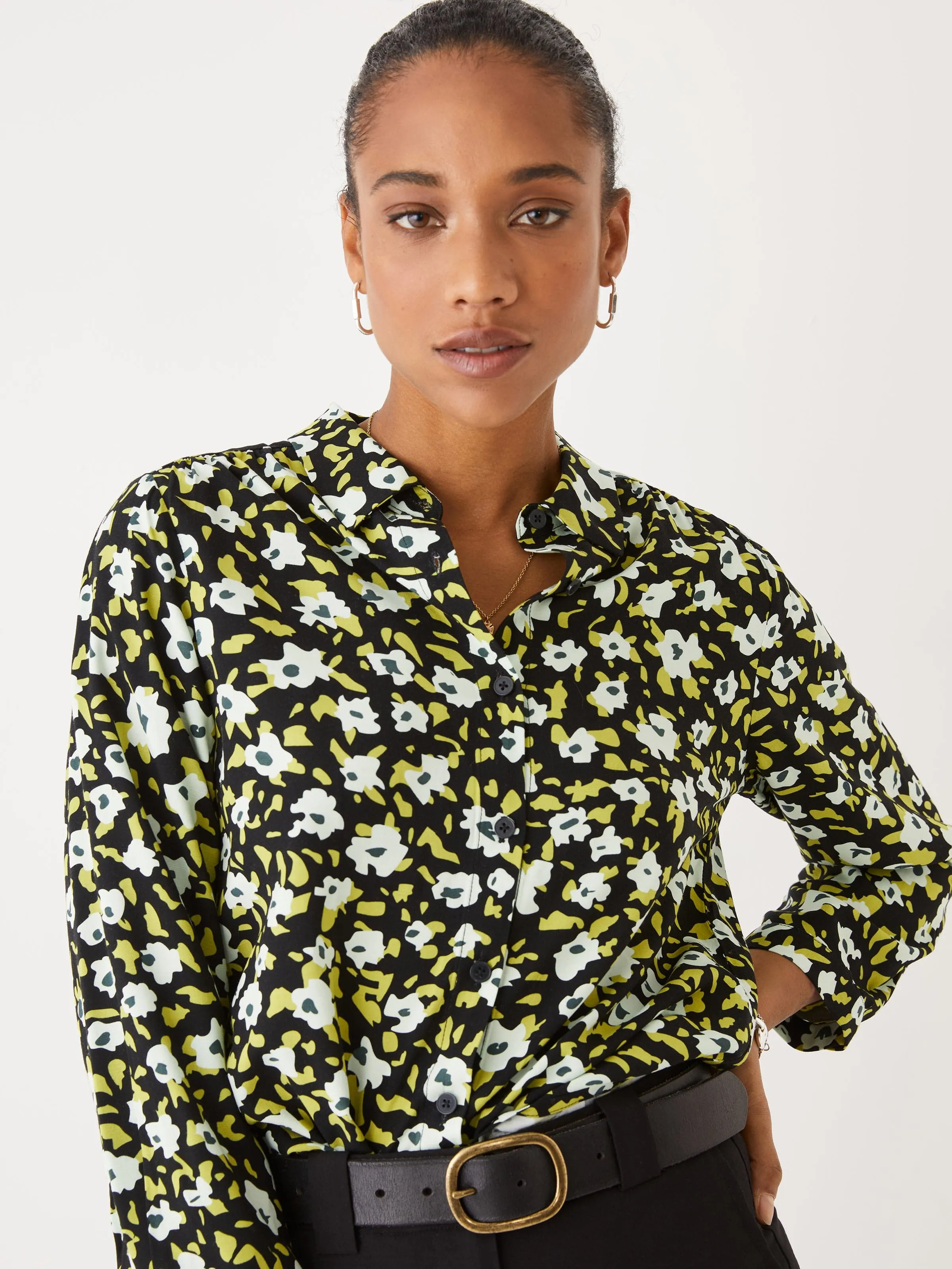 The Printed Shirred Blouse in Black