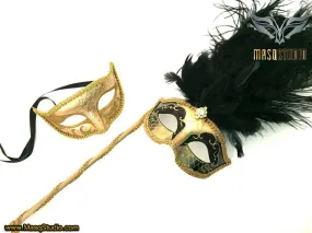 Venetian Couple Ostrich Feather Masquerade Stick Mask Gold Black