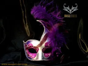 Venetian style side swan Feather Masquerade Ball Mask Purple Silver