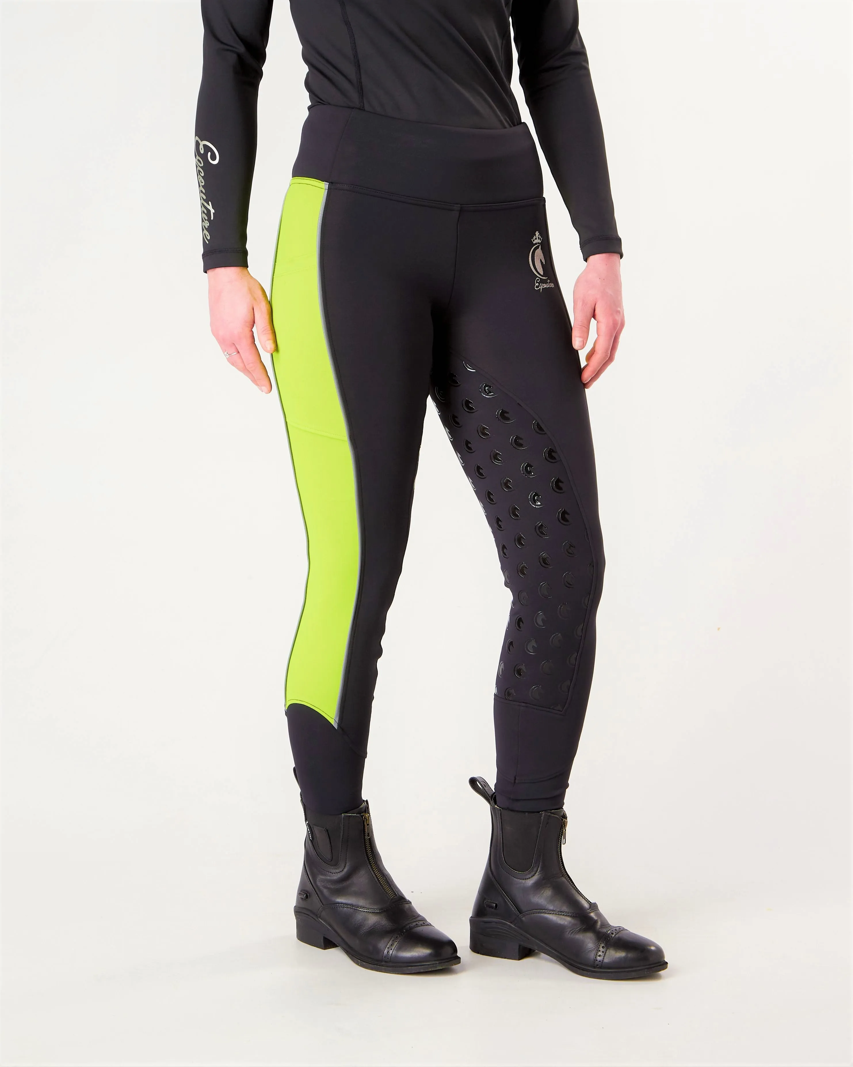 WINTER Thermal Reflective Horse Riding Leggings Tights- Black/Hi-Vis (Hi Viz) WATER RESISTANT